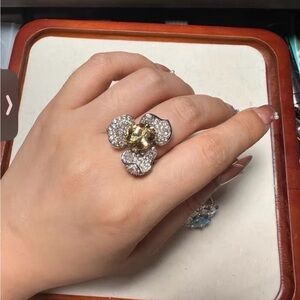 Yellow Crystal Floral Statement Ring – 925 Sterling Silver Adjustable Size